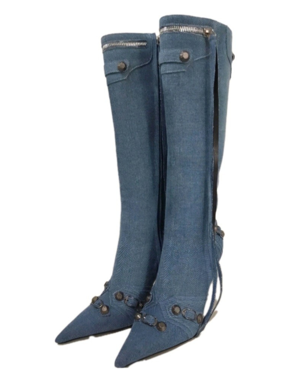 Denim Knee High Pointed Toe Stiletto Boots w Studs And Pin Buckle Strap Sz 8.5